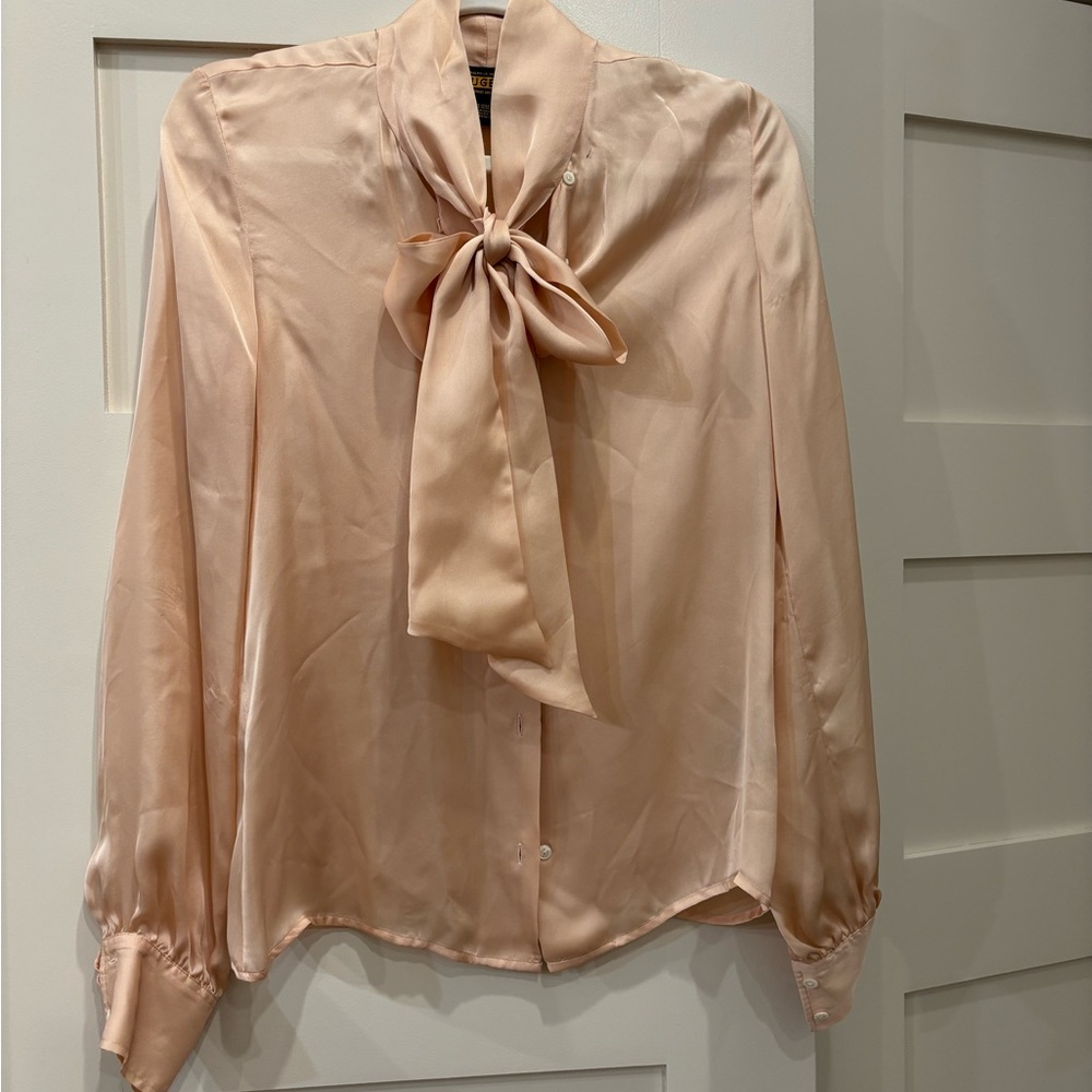 Rugby Ralph Lauren Blush Silk Blouse with Bow Tie Neck